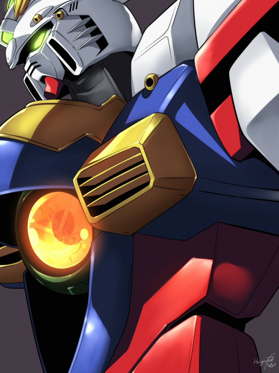 artist_name close-up g_gundam glowing glowing_eyes god_gundam green_eyes grey_background gundam haganef highres looking_down mecha no_humans robot science_fiction solo