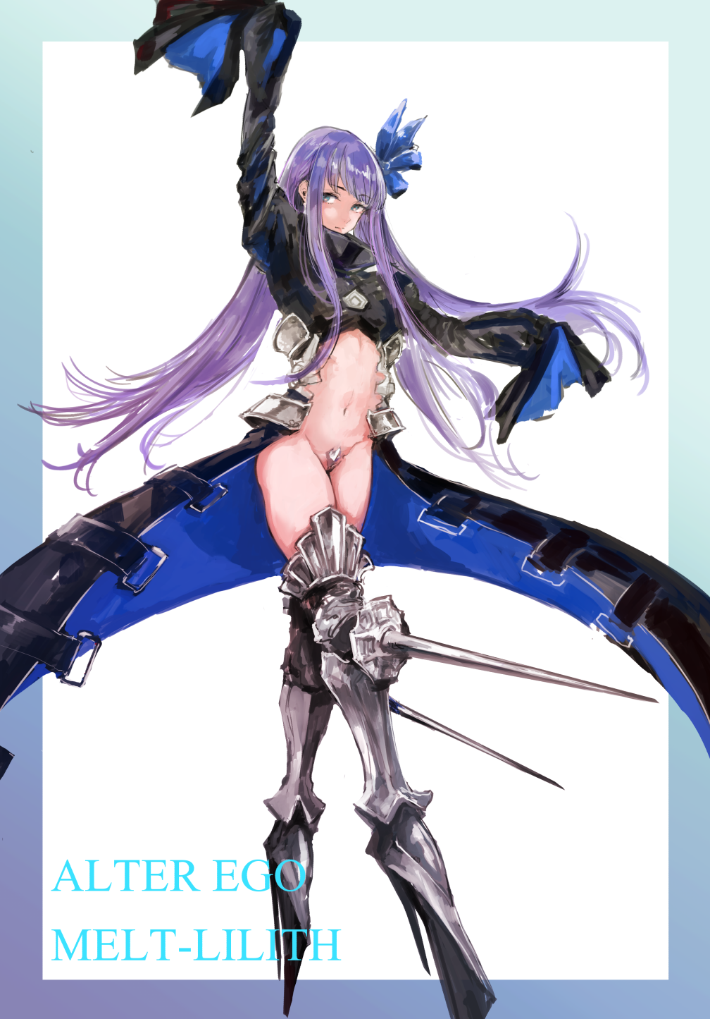 1girl arm_up armor black_coat blue_border blue_eyes blue_ribbon border breasts character_name coat commentary_request crotch_plate expressionless fate/extra fate/extra_ccc fate/grand_order fate_(series) gradient_border hair_ribbon highres long_coat long_hair long_sleeves mechanical_legs meltryllis_(fate) navel open_clothes open_coat osakana_(denpa_yun&#039;yun) outside_border purple_hair revealing_clothes ribbon simple_background sleeves_past_fingers sleeves_past_wrists small_breasts solo standing standing_on_one_leg stomach white_background