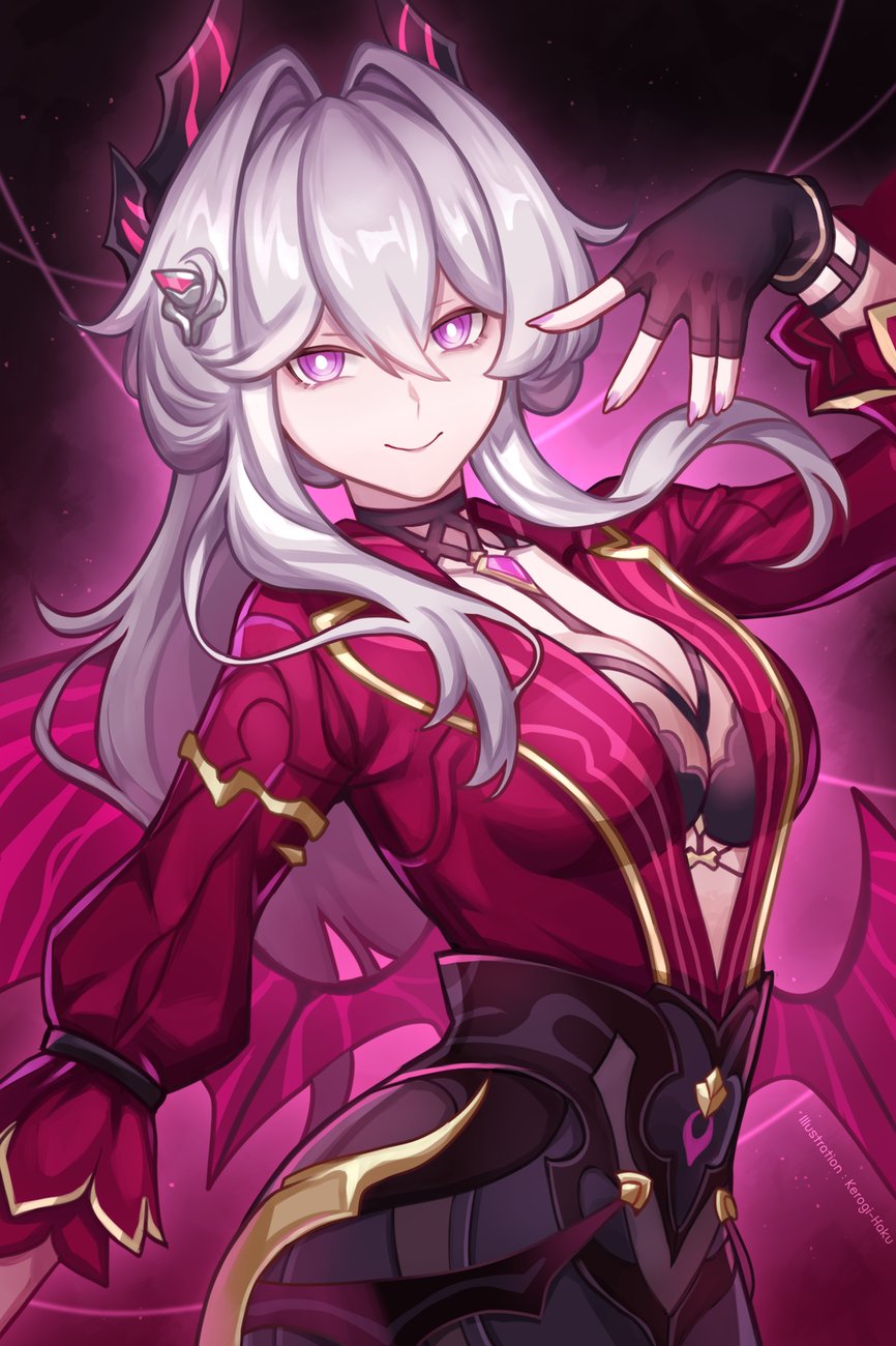 1girl black_bra black_gloves bra breasts bright_pupils fingerless_gloves gloves grey_hair hair_between_eyes hair_intakes highres honkai_(series) honkai_impact_3rd kerogi_haku long_sleeves medium_breasts official_alternate_costume purple_eyes red_shirt shirt solo thelema_nutriscu thelema_nutriscu_(gentle_is_the_night) underwear upper_body white_pupils