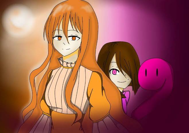 agate_lightvale akumu_(glitchtale) background-color bete_noire brown_hair dress glitchtale kumu_(glitchtale) long_hair orange_background orange_dress orange_eyes orange_hair pink_background pink_eyes pink_sweater short_hair sweater undertale