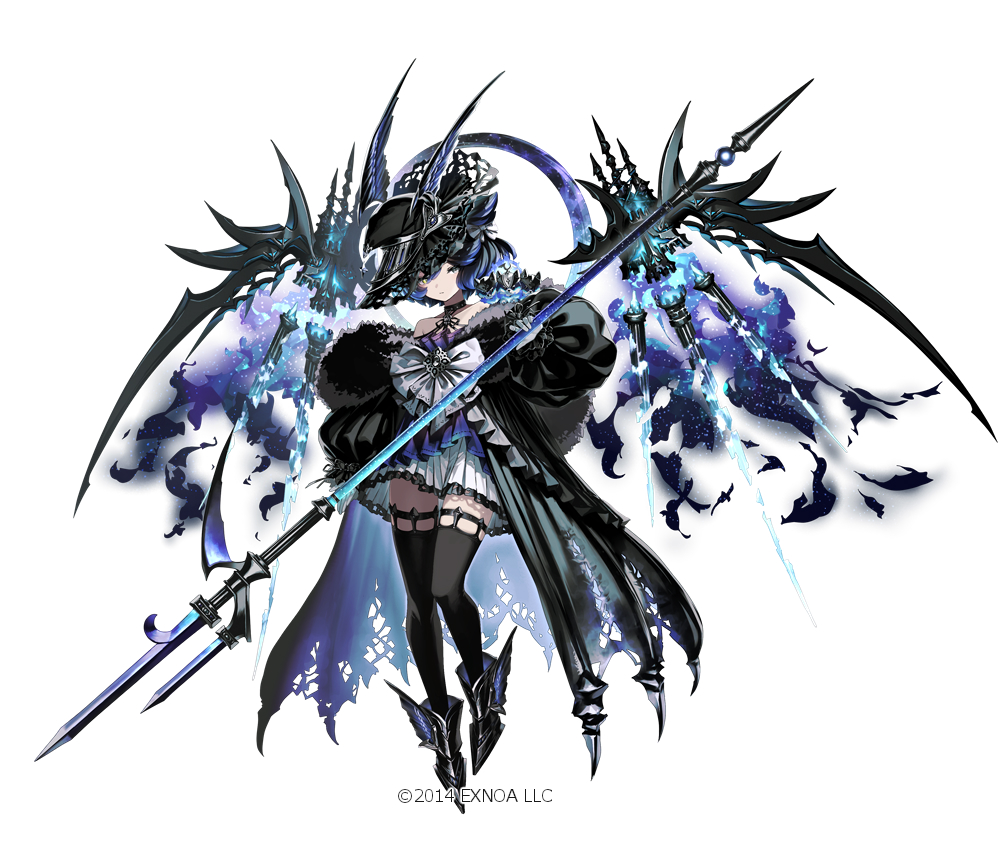 1girl animal_ears bare_shoulders black_dress black_hair black_thighhighs blue_hair dog dress garuku hat holding holding_polearm holding_weapon looking_at_viewer mechanical_wings multicolored_hair official_art oshiro_project:re polearm shirt short_hair solo thighhighs two-tone_hair weapon white_background white_shirt wings yellow_eyes