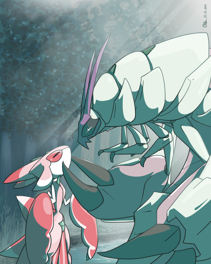 +_+ 1girl 1other antennae arthropod_girl arthropod_limbs claws closed_eyes colored_skin creatures_(company) furry furry_female game_freak gen_7_pokemon golisopod isopod looking_at_another lurantis mantis_girl multicolored_skin nintendo oden_(madsword) outdoors pink_eyes pink_skin pokemon pokemon_(creature) praying_mantis standing upper_body white_skin