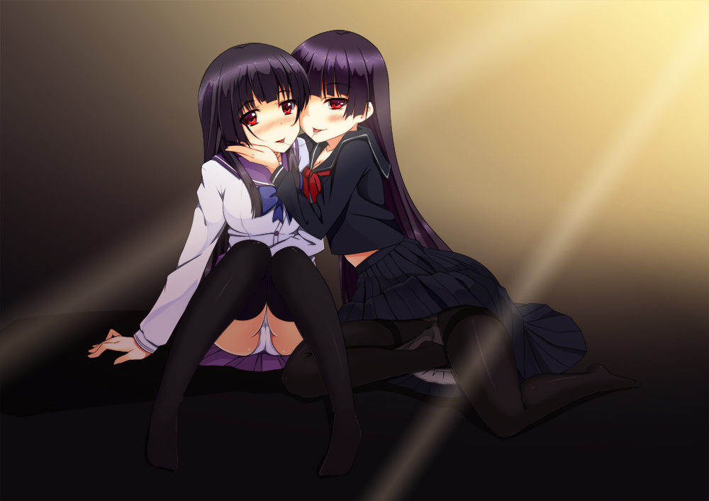 10s 2girls after_kiss asakura_ryou_(artist) black_hair black_legwear black_serafuku blush bow bowtie crossover crotch_seam ghost hino_minato_(spec.c) kanoe_yuuko long_hair look-alike multiple_girls panties panties_under_pantyhose pantyhose pantyshot red_eyes saliva saliva_trail sanka_rea sankarea school_uniform season_connection serafuku sitting skirt tasogare_otome_x_amnesia thighband_pantyhose thighhighs tongue underwear white_panties yuri zettai_ryouiki zombie