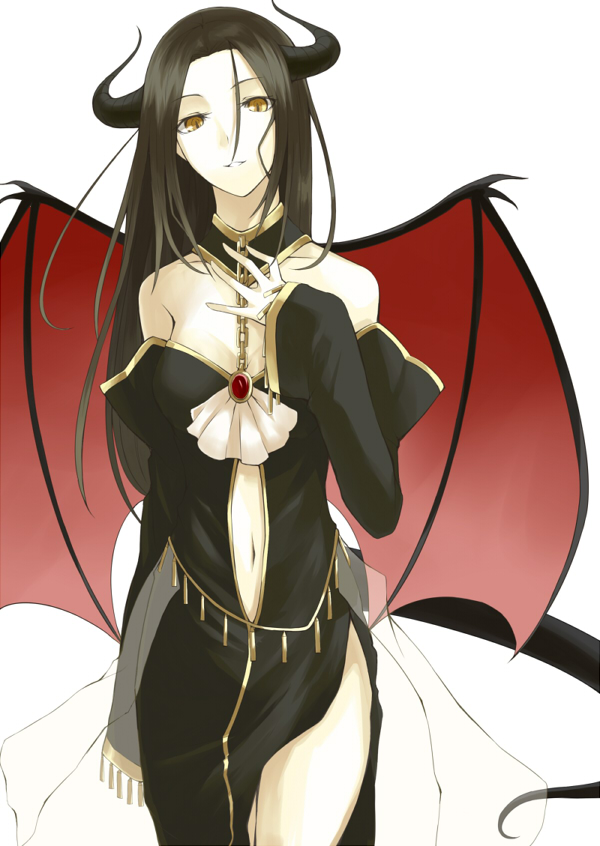 1girl ascot bare_shoulders black_hair chain demon_girl demon_wings dress female_focus hand_on_own_chest head_tilt horns kauto long_hair navel original pale_skin see-through_clothes side_slit slit_pupils smile solo tail wings yellow_eyes