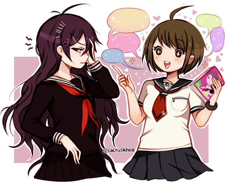 +_+ 2girls ahoge anger_vein black_shirt black_skirt blue_skirt book bracelet breast_pocket brown_eyes brown_hair commentary danganronpa_(series) danganronpa_another_episode:_ultra_despair_girls english_commentary from_side fukawa_toko glasses hand_on_own_head heart holding holding_book holding_manga jewelry khee long_hair manga_(object) multiple_girls naegi_komaru neckerchief necktie pocket purple_hair red_neckerchief red_necktie round_eyewear school_uniform serafuku shirt short_hair skirt sparkle speech_bubble spoken_sparkle teeth torn_clothes torn_neckerchief upper_teeth_only white_shirt