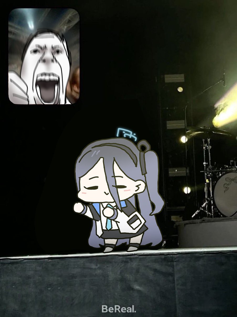 1boy 1girl aris_(blue_archive) aris_dance_(meme) bereal black_hair black_skirt blue_archive blue_necktie chibi closed_eyes closed_mouth concert dancing doodle_sensei_(blue_archive) drum drum_set fan_screaming_at_madison_beer_(meme) full_body hair_between_eyes hairband halo highres inset instrument long_bangs long_hair long_sleeves meme necktie one_side_up open_mouth photo_background screaming sechi_(sechihyeo) sensei_(blue_archive) skirt smile standing very_long_hair