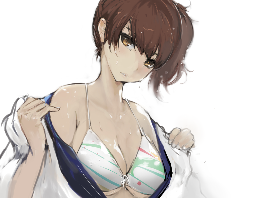 10s 1girl bikini breasts brown_eyes brown_hair cleavage female_focus kaga_(kancolle) kantai_collection looking_at_viewer open_clothes re_(tori) short_hair simple_background solo swimsuit water_drop wet