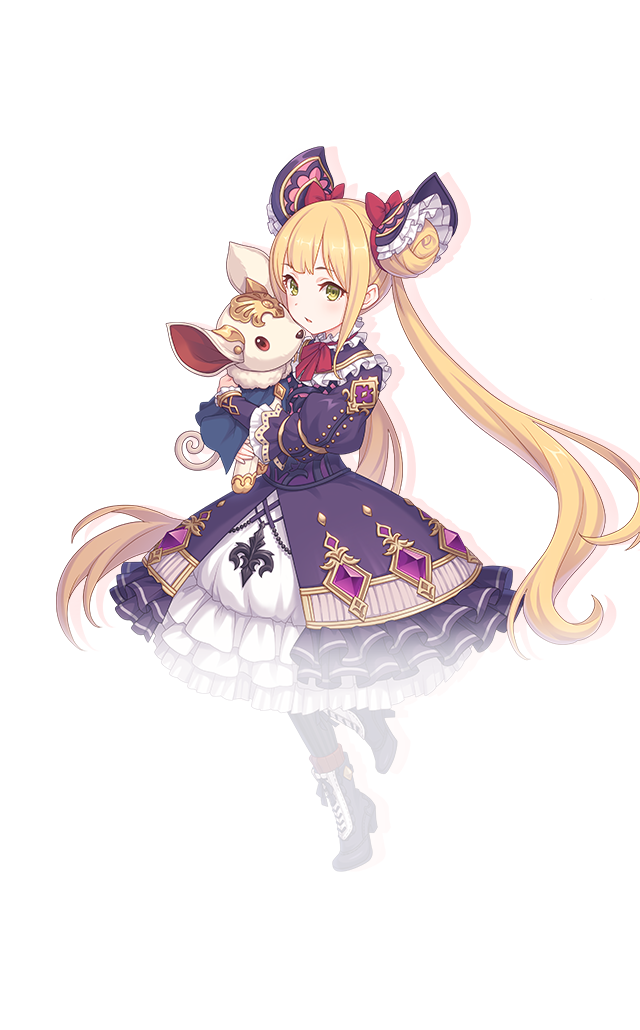 1girl blonde_hair bow dress drop_shadow frilled_dress frills full_body green_eyes hair_bow hair_bun high_heels holding holding_stuffed_toy light_blush long_hair long_sleeves looking_at_viewer looking_to_the_side luna_(shadowverse) official_art parted_lips princess_connect! puffy_dress purple_dress red_bow simple_background solo stuffed_animal stuffed_dog stuffed_toy tachi-e transparent_background twintails very_long_hair