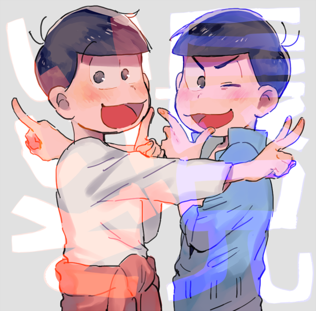 2boys antenna_hair asymmetrical_jacket black_hair blue_shirt blunt_bangs brothers collared_shirt commentary_request cowboy_shot finger_to_cheek fingernails grey_background grey_eyes high_collar jacket kanatsuki light_blush male_focus matsuno_karamatsu matsuno_osomatsu multiple_boys one_eye_closed open_mouth osomatsu-san osomatsu_(series) outstretched_arm red_jacket shirt short_hair siblings smile thick_eyebrows translation_request v v-shaped_eyebrows white_shirt