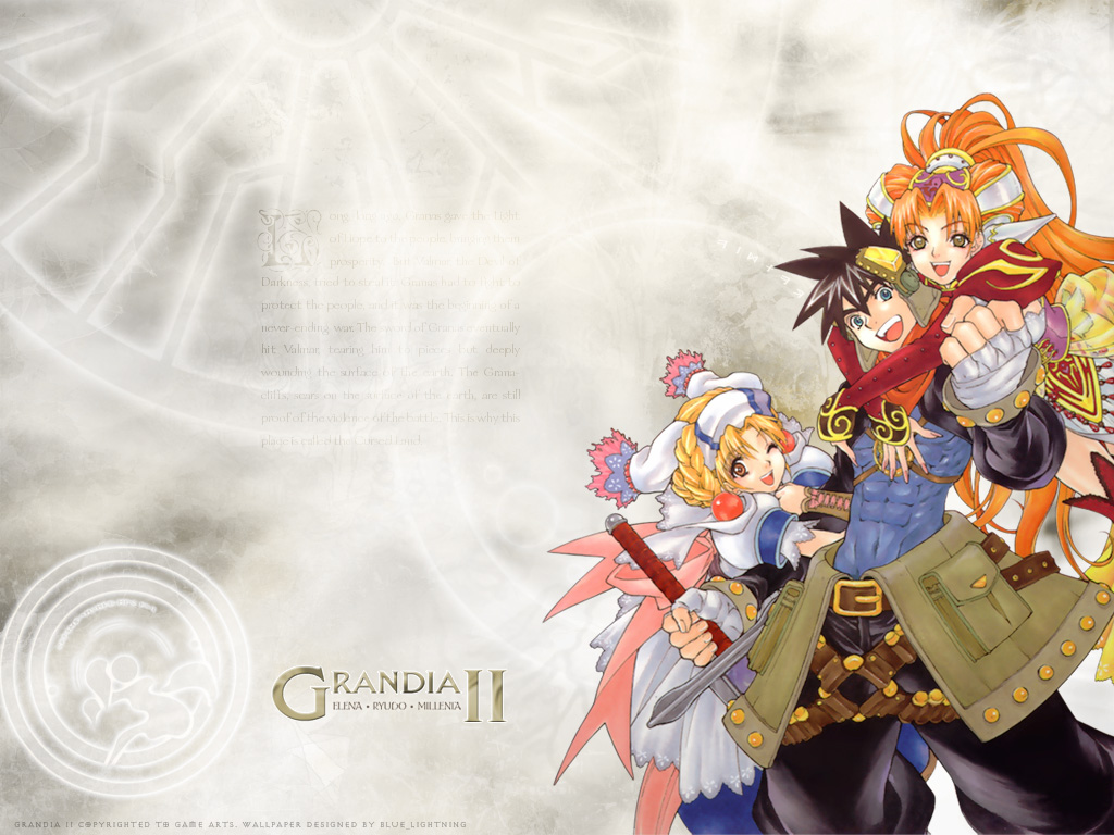 1boy 2girls abs arm_grab bandages character_name copyright_name elena_(grandia) game_arts grandia grandia_ii holding_another&#039;s_arm kanoe_youshi millenia_(grandia) multiple_girls official_art official_wallpaper one_eye_closed ryudo_(grandia) wink