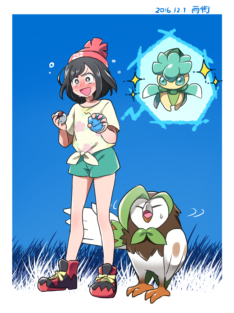 1girl alternate_color amemachi_(nono_a) beanie black_hair border creatures_(company) dartrix fomantis full_body game_freak gen_7_pokemon green_shorts hat holding holding_poke_ball nintendo open_mouth poke_ball pokemon pokemon_(creature) pokemon_sm premier_ball red_footwear red_hat selene_(pokemon) shiny_pokemon shirt shorts sparkle sweatdrop tears white_border yellow_shirt