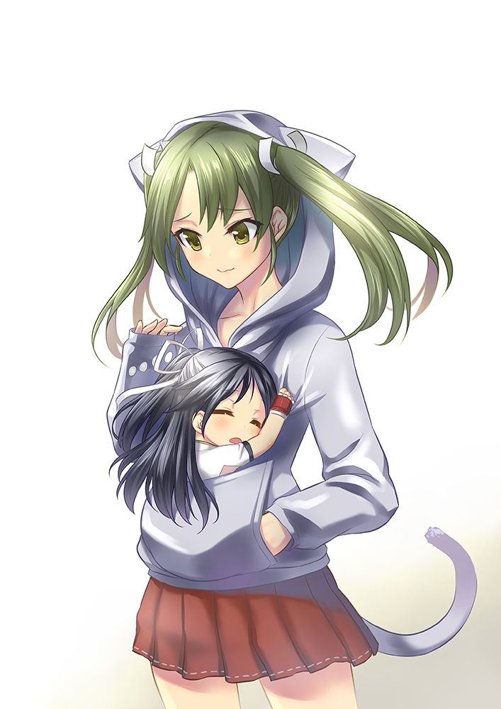 10s 2girls aged_down black_hair closed_mouth commentary_request green_eyes grey_hair hair_ribbon hood hoodie kantai_collection katsuragi_(kancolle) long_hair long_sleeves makishima_azusa multiple_girls pleated_skirt red_skirt ribbon short_sleeves skirt twintails white_ribbon zuikaku_(kancolle)