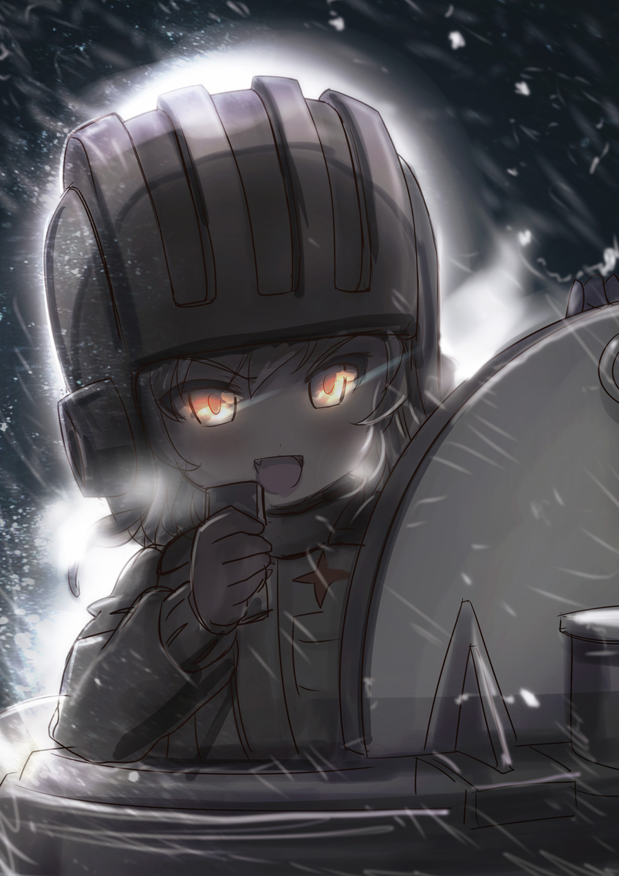 10s 1girl bad_id bad_pixiv_id blonde_hair fang female_focus girls_und_panzer gloves glowing glowing_eyes hamoto helmet highres holding katyusha_(girls_und_panzer) long_sleeves military military_uniform military_vehicle motor_vehicle night open_mouth radio short_hair short_jumpsuit smile snow solo tank tank_helmet vehicle yellow_eyes