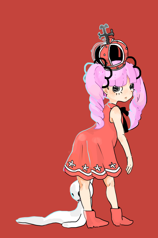 1girl aged_down alternate_costume bare_arms bare_legs bare_shoulders blunt_bangs character_doll crown doll dress drill_hair expressionless female_focus from_behind full_body ghost leaning_forward legs_apart looking_at_viewer magu_(syakedayo) one_piece perona pink_hair red_background red_dress red_footwear simple_background solo standing twintails