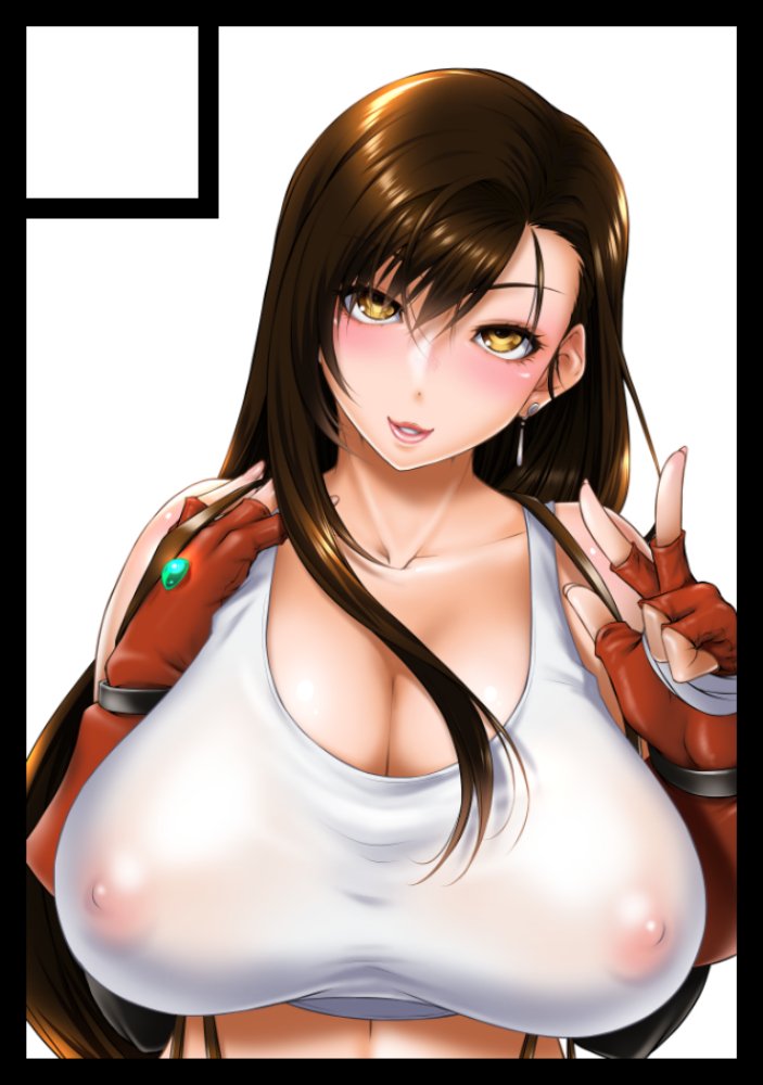 1990s_(style) 1girl blush breasts brown_eyes brown_hair circle_cut cleavage collarbone covered_erect_nipples crop_top earrings female_focus final_fantasy final_fantasy_vii fingerless_gloves fumizuki_misoka gloves head_tilt huge_breasts jewelry long_hair looking_at_viewer parted_lips red_gloves retro_artstyle see-through_clothes sidelocks smile solo tank_top tifa_lockhart upper_body v