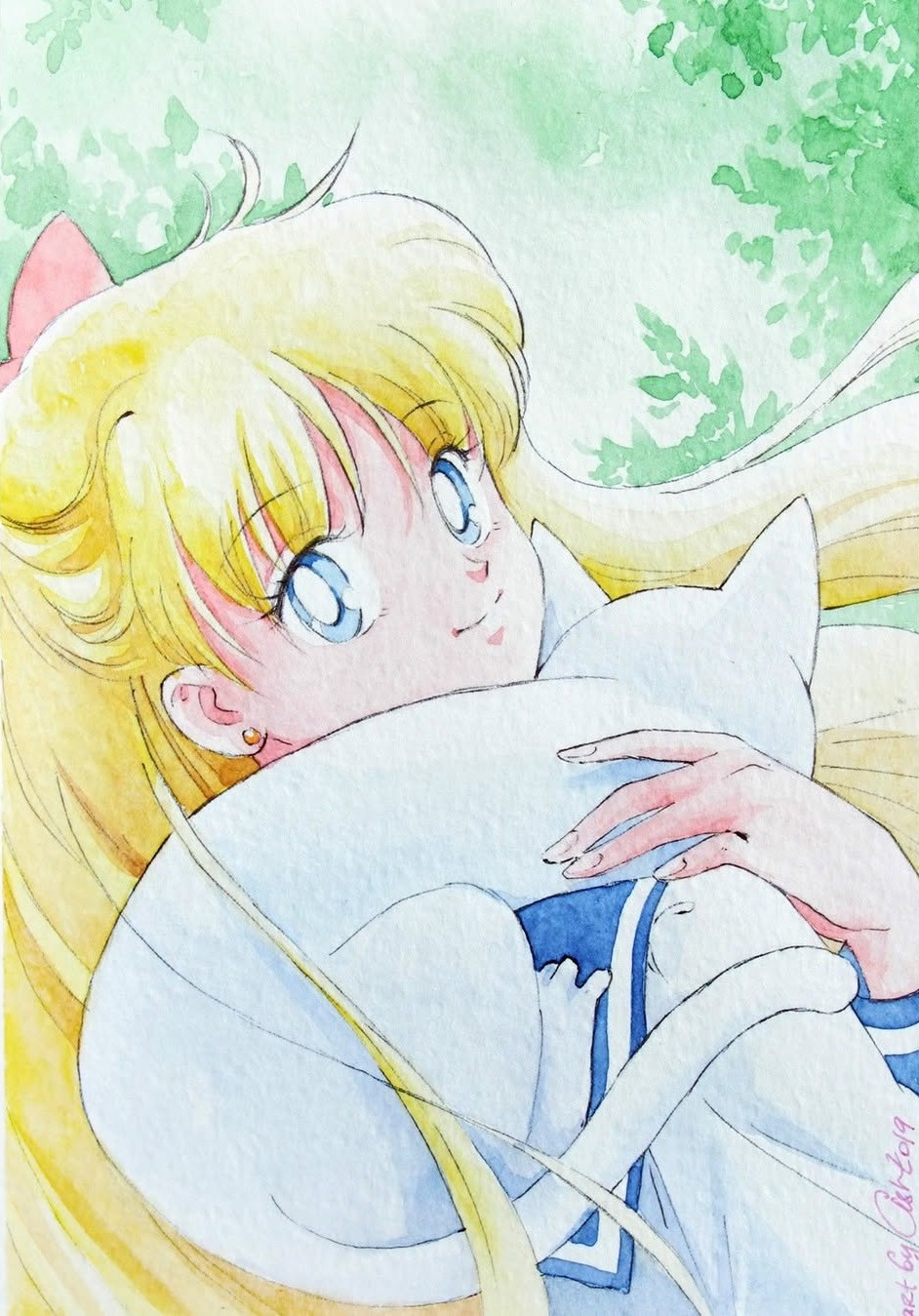 1girl aino_minako artemis_(sailor_moon) ash_valery bishoujo_senshi_sailor_moon blood blue_eyes bow cat earrings head_out_of_frame jewelry long_hair looking_at_viewer looking_back red_bow school_uniform traditional_media very_long_hair white_cat