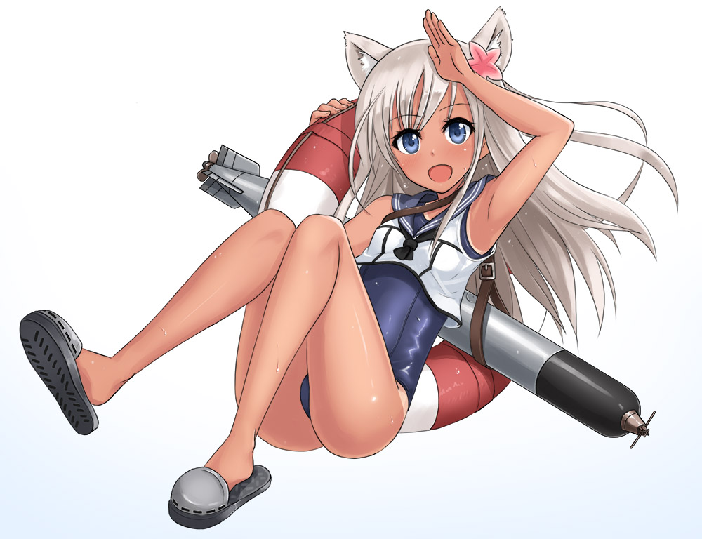 10s 1girl animal_ears arm_up armpits bad_id bad_pixiv_id bare_shoulders cat_ears crop_top female_focus flower hair_flower hair_ornament kantai_collection lifebuoy long_hair looking_at_viewer neckerchief ro-500_(kancolle) ro-class_destroyer sailor_collar salute school_swimsuit silent_sakia silver_hair simple_background slippers solo swim_ring swimsuit swimsuit_under_clothes tan tanline torpedo white_background