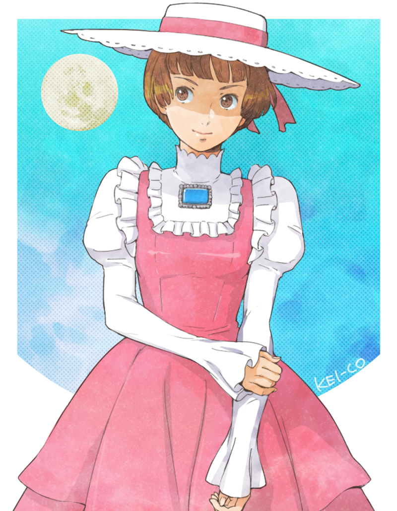 1girl blue_background blunt_bangs brooch brown_eyes brown_hair dress frills gundam hat jewelry kei-co looking_to_the_side moon pink_dress short_hair sochie_heim solo turn_a_gundam