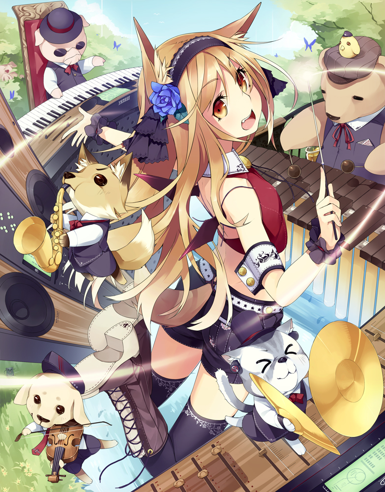 &gt;_&lt; 1girl animal animal_ears audio_visualizer bad_id bad_pixiv_id conductor_baton bear bird blonde_hair boots bowler_hat bug butterfly chick cymbals dog earplugs closed_eyes flower fox hair_flower hair_ornament hairband hat insect instrument katou_itsuwa keyboard_(instrument) long_hair looking_back marimba mixer original pig saxophone shorts speaker sunglasses tail thighhighs top_hat uniform vest violin wings yellow_eyes