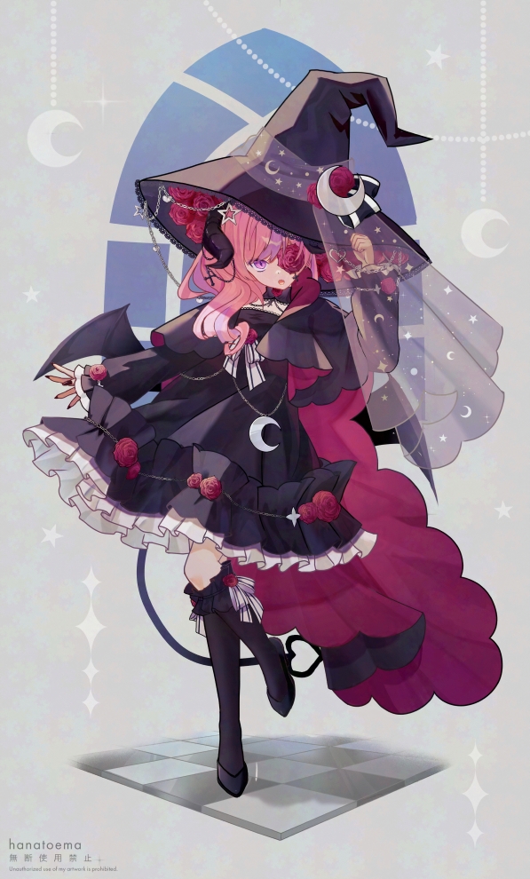 1girl black_dress black_footwear black_hat black_nails black_thighhighs demon_girl demon_horns demon_tail demon_wings dress flower_in_eye frilled_dress frills hana_to_ema hat high_heels horns ironmouse ironmouse_(witch) long_hair looking_at_viewer multicolored_hair nail_polish open_mouth pink_eyes pink_hair purple_hair smile solo streaked_hair symbol_in_eye tail thighhighs virtual_youtuber vshojo wings witch_hat