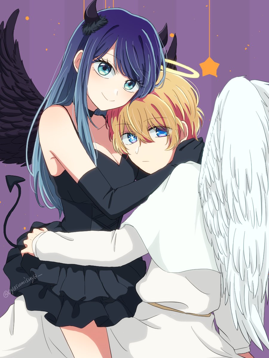 1boy 1girl angel angel_and_devil angel_wings blonde_hair blue_eyes blue_hair breasts closed_mouth cosplay demon demon_girl demon_horns demon_tail demon_wings dress fake_halo feathered_wings hair_between_eyes halo highres horns hoshino_aquamarine kurokawa_akane long_hair long_sleeves looking_at_viewer multicolored_hair oshi_no_ko oyasumisuya shirt short_hair smile star-shaped_pupils star_(symbol) symbol-shaped_pupils tail white_wings wings