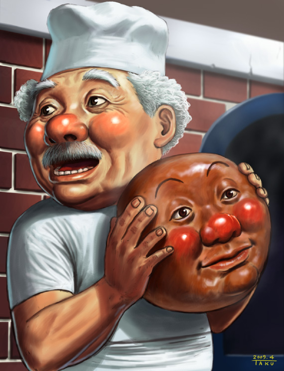 1boy anpanman anpanman_(character) bald ball blush brown_eyes chef_hat facial_hair hat jam_ojisan male_focus matataku mustache realistic solo what white_hair