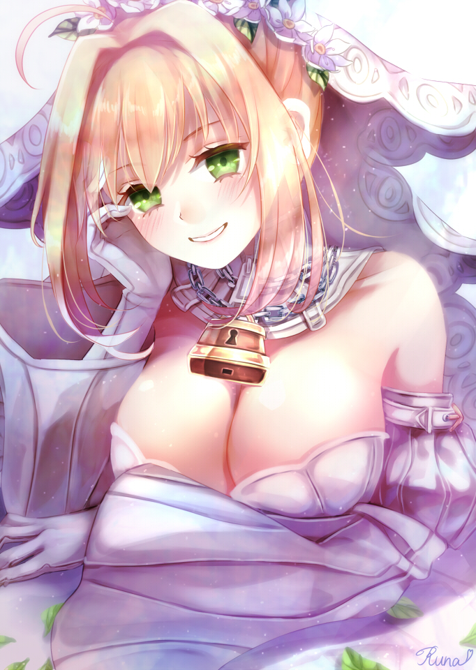 10s 1girl ahoge artist_name blonde_hair breasts bridal_veil chain cleavage detached_collar detached_sleeves fate/extra fate/extra_ccc fate_(series) female_focus flower gloves green_eyes grin hair_intakes head_rest head_tilt large_breasts leaf lock looking_at_viewer nero_claudius_(bride)_(fate) nero_claudius_(bride)_(second_ascension)_(fate) nero_claudius_(fate) nero_claudius_(fate)_(all) short_hair sidelocks smile solo toki_runa upper_body veil white_gloves wreath