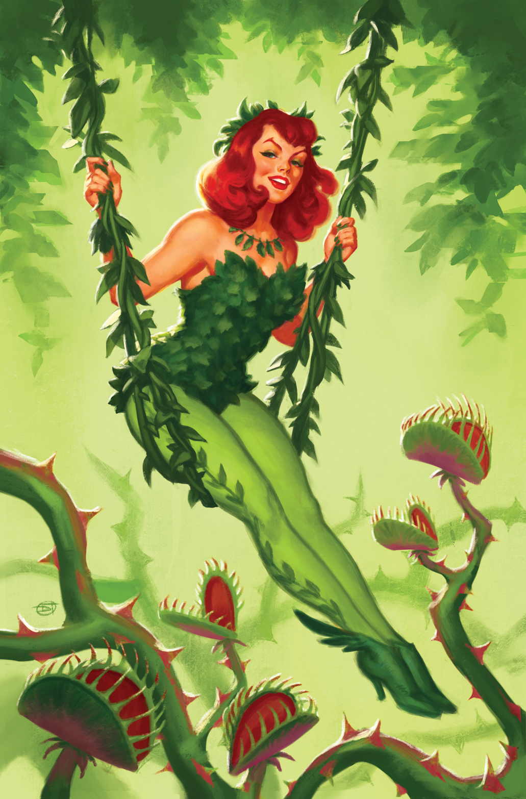 1girl boots david_talaski dc_comics green_footwear green_leotard green_pantyhose high_heel_boots high_heels highres jewelry leaf_clothing leotard looking_at_viewer necklace pantyhose plant plant_clothing poison_ivy red_hair red_lips solo strapless strapless_leotard swinging venus_flytrap vines
