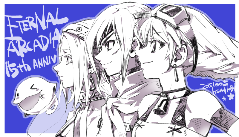 1boy 2girls aika_(eternal_arcadia) anniversary blush_stickers choker closed_mouth cupil dated earrings eternal_arcadia eyepatch facial_mark fina_(eternal_arcadia) forehead_mark goggles goggles_on_head greyscale hoshi_itsuki jewelry long_hair monochrome multiple_girls official_art one_eye_closed smile vyse