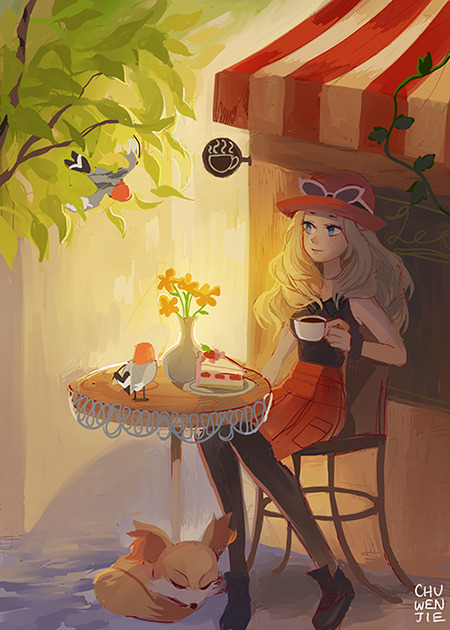 1girl awning bird black_footwear black_pantyhose breasts cake chair chuwenjie commentary creature creatures_(company) cup english_commentary fennekin fletchling flower flying food full_body game_freak gen_6_pokemon hat holding holding_cup long_hair nintendo pantyhose plate pokemon pokemon_(creature) pokemon_xy porkpie_hat serena_(pokemon) signature sitting sleeping small_breasts sunglasses table teacup tree