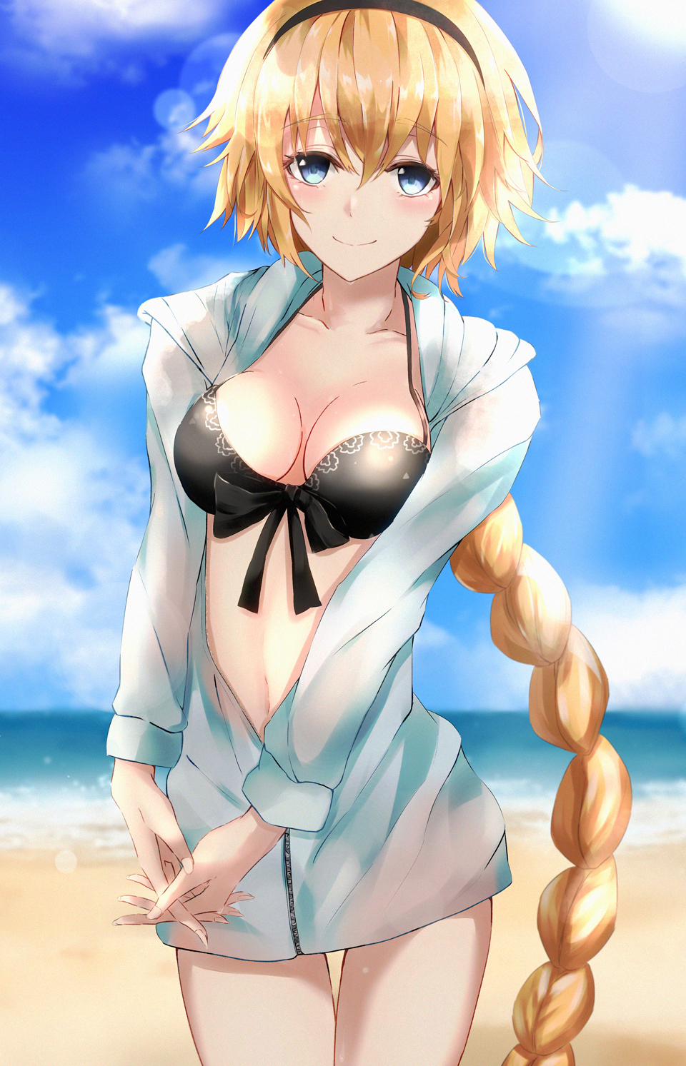 1girl bad_id bad_pixiv_id beach bikini bikini_top_only black_bikini black_bow blonde_hair blue_eyes blue_sky blurry blurry_background blush bow braid braided_ponytail breasts cleavage cloud collarbone cowboy_shot day fate/grand_order fate_(series) hair_between_eyes hair_bow highres hood hood_down hooded_jacket interlocked_fingers jacket jeanne_d&#039;arc_(fate) jeanne_d&#039;arc_(ruler)_(fate) jeanne_d&#039;arc_(swimsuit_archer)_(fate) jeanne_d&#039;arc_(swimsuit_archer)_(first_ascension)_(fate) ka1se1 lens_flare long_hair looking_at_viewer medium_breasts ocean open_clothes open_jacket own_hands_together single_braid sky smile solo standing swimsuit thigh_gap very_long_hair white_jacket