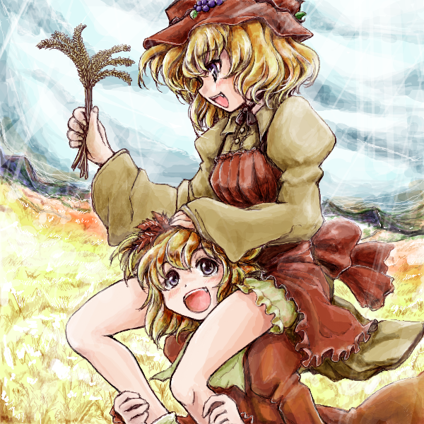 2girls :d aki_minoriko aki_shizuha carrying day dress female_focus field food fruit grapes hair_ornament hand_on_another&#039;s_head hat holding juliet_sleeves leaf leaf_hair_ornament long_sleeves looking_up multiple_girls nanashii_(soregasisan) open_mouth profile puffy_long_sleeves puffy_sleeves purple_eyes short_hair shoulder_carry siblings sisters sky smile touhou twins wheat wheat_field wide_sleeves