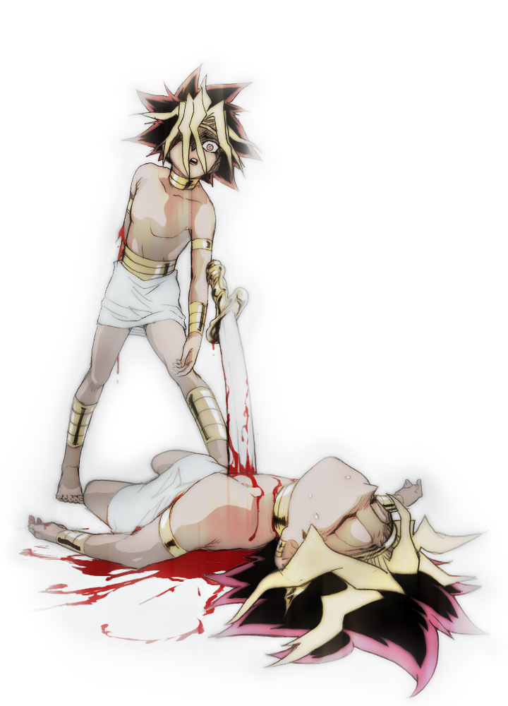 2boys atem black_hair bleeding blonde_hair blood blood_on_clothes blood_on_ground bloody_weapon closed_eyes exhausted gold_necklace gold_trim guro hair_over_one_eye impaled implied_murder injury jewelry lying multicolored_hair multiple_boys necklace on_back open_mouth outstretched_arm red_eyes red_hair shawl simple_background stab sweatdrop sword topless_male unko_yoshida weapon white_background white_shawl yu-gi-oh!