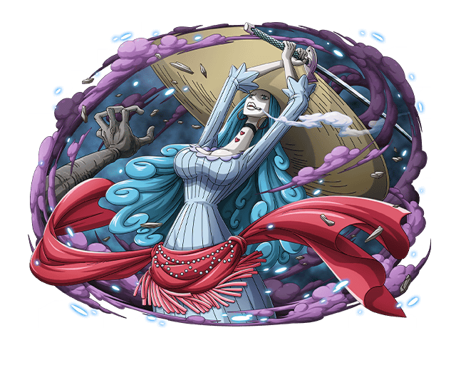 1girl blue_hair bodskih breasts charlotte_amande cigarette cleavage curly_hair earrings female_focus green_eyes hat heart heart_tattoo jewelry long_hair necklace official_art one_piece one_piece_treasure_cruise smoke solo solo_focus sword tattoo transparent_background very_long_hair weapon