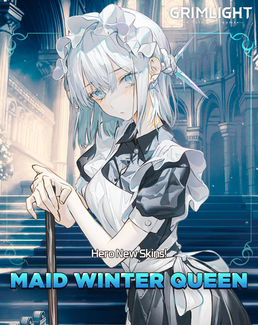 1girl alternate_costume apron blue_eyes braid broom collar commentary earrings english_commentary enmaided french_braid frills grimlight jewelry looking_at_viewer maid maid_apron maid_headdress official_art puffy_sleeves short_hair short_sleeves solo white_apron white_hair winter_queen_(grimlight)