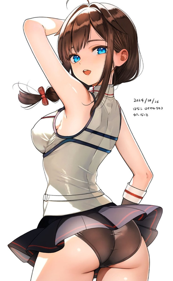 1girl ahoge arm_up ass black_gloves black_skirt blue_eyes blush braid breasts brown_hair clothes_lift commentary_request dated from_behind gloves hair_flaps hair_intakes hanako_(peanut) kantai_collection long_hair looking_at_viewer medium_breasts open_mouth pleated_skirt shigure_(kancolle) shigure_kai_san_(kancolle) shirt simple_background single_braid single_glove skirt skirt_lift sleeveless sleeveless_shirt solo thighs two-tone_shirt white_background white_shirt