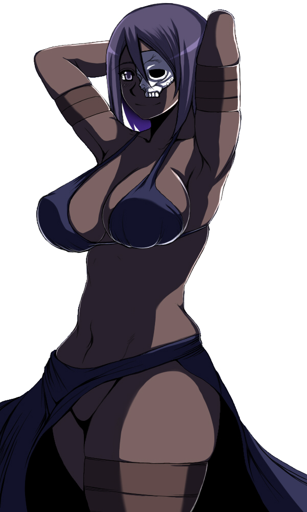 1girl armpits arms_behind_head arms_up assassin_(fate/zero) bikini bikini_top_only blue_bikini breasts child_assassin_(fate/zero) dark-skinned_female dark_skin fate/zero fate_(series) female_assassin_(fate/zero) female_focus hikora large_breasts looking_away mask navel no_panties open_clothes open_skirt purple_eyes purple_hair short_hair simple_background skirt smile solo standing swimsuit thighs white_background