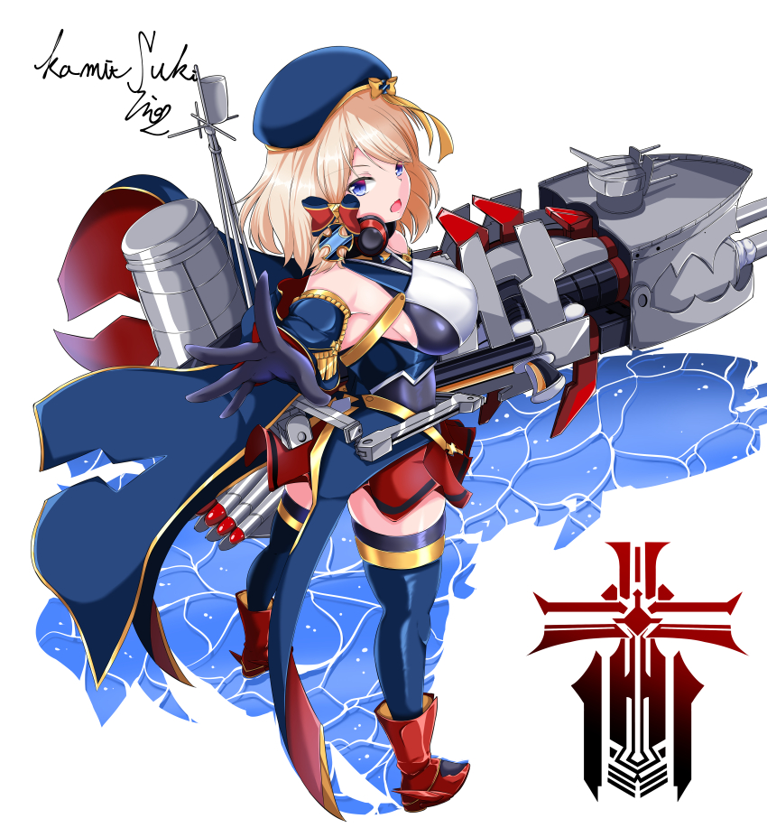 azur_lane beret black_gloves blonde_hair blue_eyes blue_hat blue_thighhighs boots bow breasts from_behind gloves hair_bow hat iron_blood_(emblem) kamitsuki_shion large_breasts looking_at_viewer looking_back medium_hair miniskirt outstretched_arm red_footwear red_skirt rigging signature simple_background skirt thighhighs torpedo water white_background z23_(azur_lane) zettai_ryouiki