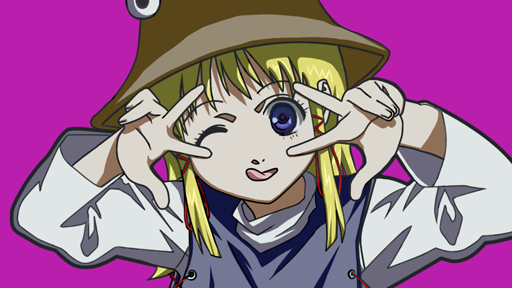 1girl :p ;p blonde_hair dr765 female_focus hat joshi_kousei moriya_suwako one_eye_closed parody short_hair solo tongue tongue_out touhou wink