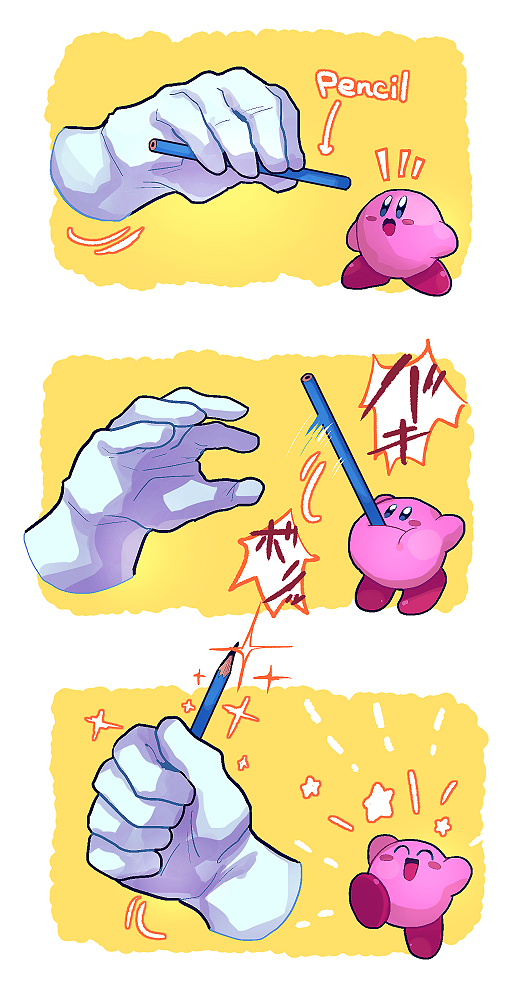 :d ^_^ arms_up arrow_(symbol) blue_eyes blush blush_stickers border chiimako closed_eyes closed_mouth commentary_request emphasis_lines happy holding holding_pencil kirby kirby_(series) master_hand motion_lines nintendo no_humans notice_lines open_mouth outside_border pencil sharpening simple_background smile sparkle star_(symbol) super_smash_bros. white_border yellow_background