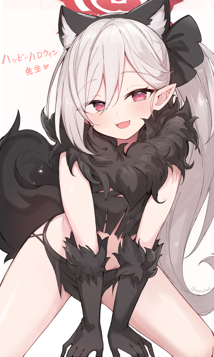 1girl animal_ears black_gloves black_shirt black_skirt blue_archive blush breasts cosplay cropped_shirt elbow_gloves fake_animal_ears fur-trimmed_gloves fur_scarf fur_trim gloves halloween_costume halo highres kazusa_(blue_archive) kazusa_(blue_archive)_(cosplay) kazusa_(halloween)_(blue_archive) long_hair looking_at_viewer midriff miniskirt mou_tama_maru mutsuki_(blue_archive) open_mouth pointy_ears purple_eyes shirt side_ponytail skirt sleeveless sleeveless_shirt small_breasts smile solo swept_bangs tail white_hair wolf_ears wolf_tail