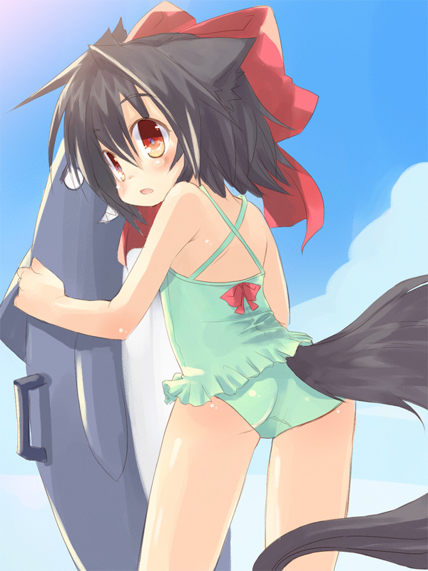 1girl animal_ears ass black_hair child female_focus hyokkori_tamago kannagi_cocoa one-piece_swimsuit original red_eyes solo swimsuit tail toba_hiyoko