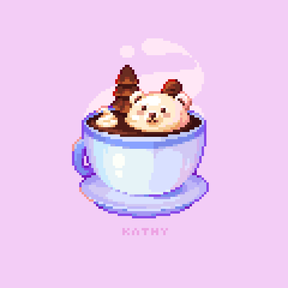 artist_name bear cup drink food food_focus hot_chocolate kathychowww mug no_humans original pink_background pixel_art polar_bear simple_background steam