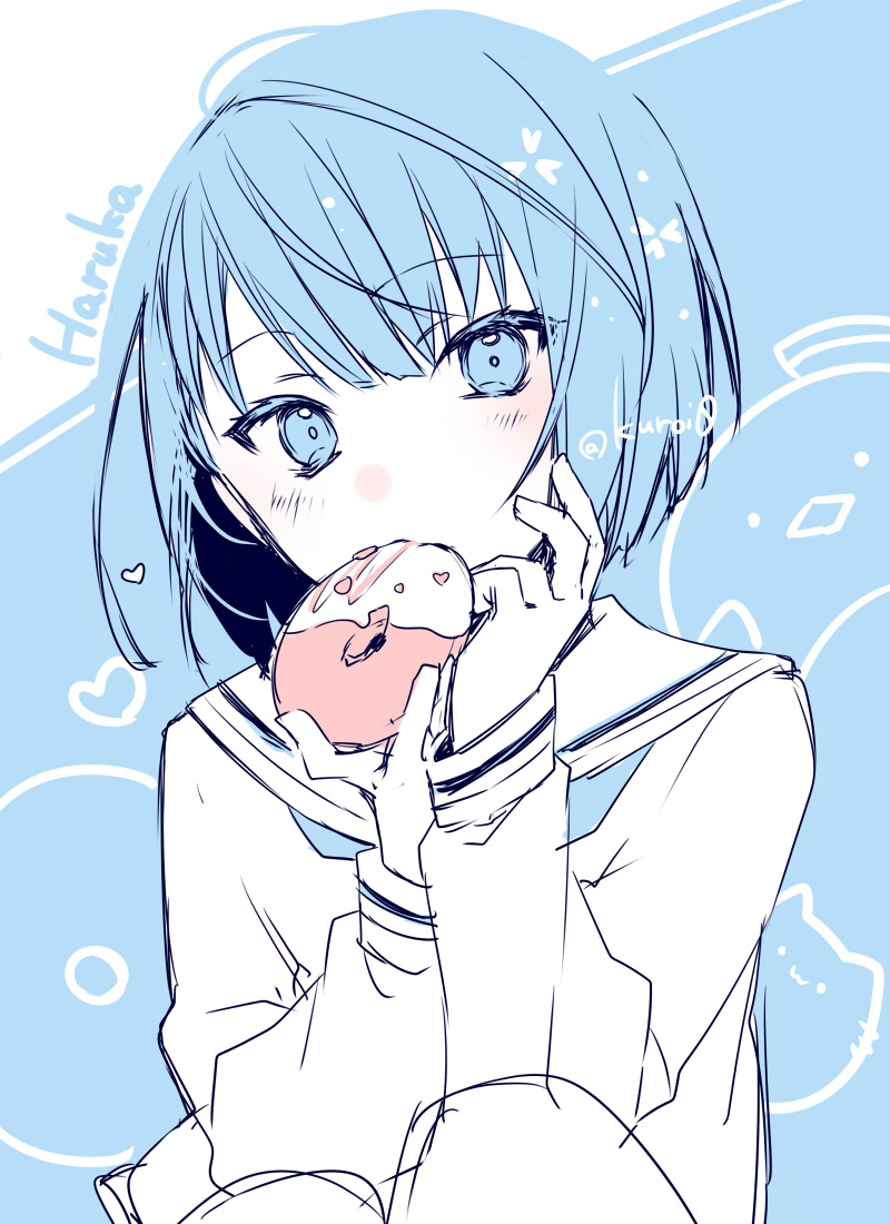 1girl blue_eyes blue_hair blue_neckerchief blue_theme blush character_name commentary donut food hands_up head_tilt holding holding_food kiritani_haruka kuroi_(liar-player) long_sleeves monochrome neckerchief project_sekai puffy_long_sleeves puffy_sleeves sailor_collar shirt short_hair sketch sleeves_past_wrists solo twitter_username white_sailor_collar white_shirt