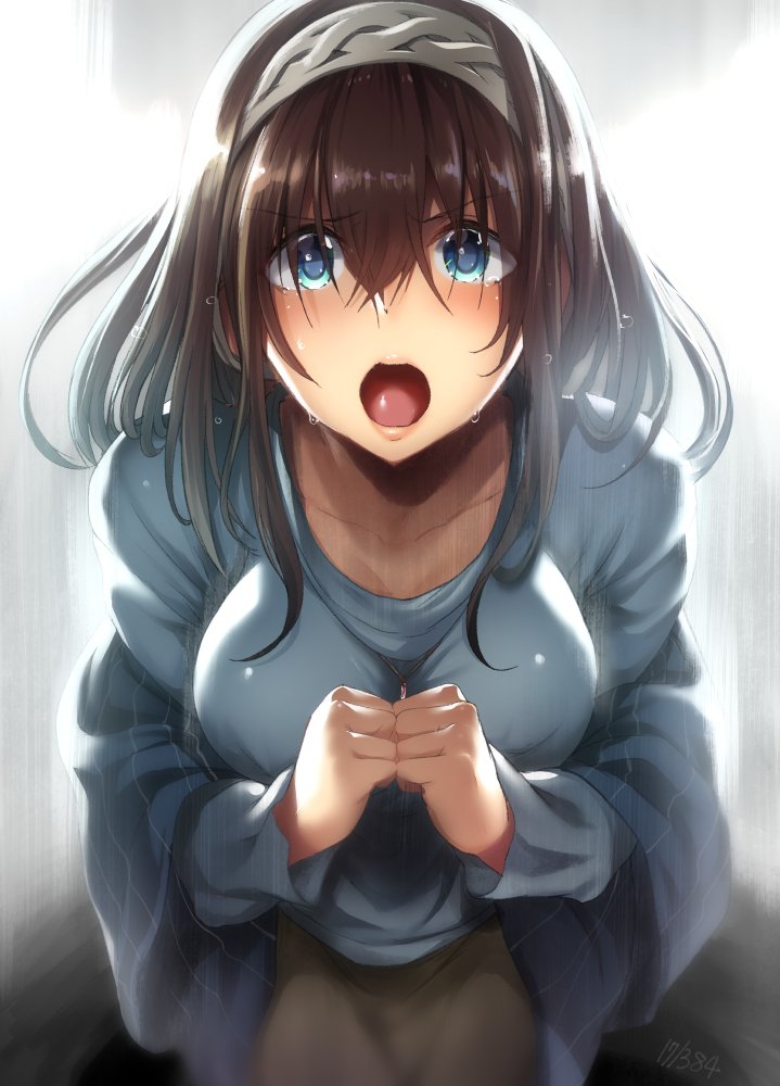 10s 1girl black_hair blue_eyes blush breasts collarbone female_focus flying_sweatdrops hairband idolmaster idolmaster_cinderella_girls jewelry kneeling long_hair looking_at_viewer medium_breasts motion_lines murasame_nohito necklace open_mouth own_hands_together pendant sagisawa_fumika shawl shouting skirt solo sweater tearing_up tears wet