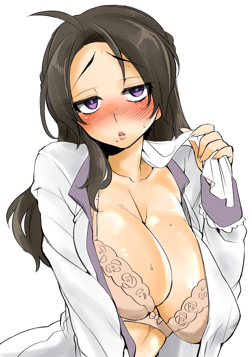 1girl ahoge akiomi_aiko ascot austria_(hetalia) axis_powers_hetalia black_hair blush bow bow_bra bra braid breasts brown_bra brown_hair cleavage collarbone dress_shirt female_focus french_braid gender_request genderswap half-closed_eyes highres huge_breasts lace lace-trimmed_bra lace_trim lingerie lips long_hair long_sleeves looking_at_viewer mole mole_under_mouth nose_blush open_clothes open_mouth open_shirt purple_eyes raised_eyebrows shirt simple_background sleeve_cuffs solo sweat underwear undressing untied upper_body white_background