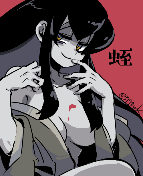 1girl 770mk bags_under_eyes black_hair blood blood_on_breasts breasts closed_mouth commentary_request finger_to_mouth half-closed_eyes hands_up japanese_clothes kimono knee_up large_breasts long_hair long_sleeves looking_at_viewer naughty_face no_bra open_clothes open_kimono original partially_undressed red_background simple_background smile solo translation_request twitter_username upper_body yellow_eyes