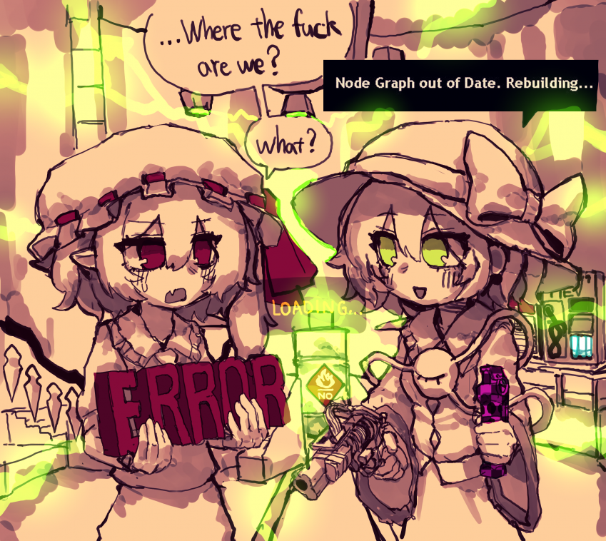 2girls barrel commentary english_text error.mdl fang flandre_scarlet gameplay_mechanics garry&#039;s_mod gm_construct_(garry&#039;s_mod) green_eyes gun hair_between_eyes hat hat_ribbon holding holding_gun holding_weapon komeiji_koishi looking_at_another missing_texture_(source) mob_cap multiple_girls open_mouth parody profanity rampa93 red_eyes ribbon short_hair skin_fang smile speech_bubble third_eye touhou weapon