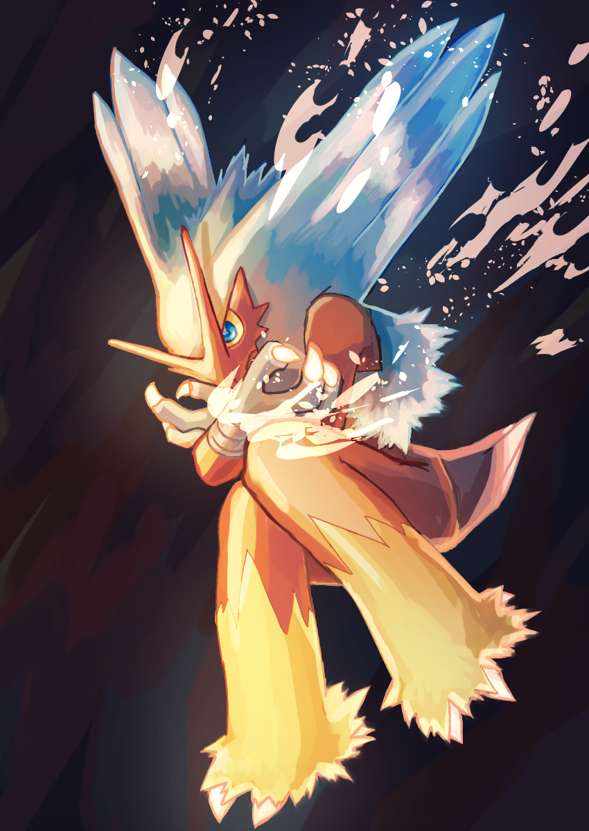 black_background blaziken blue_eyes claws closed_mouth colored_sclera commentary_request creatures_(company) curled_up frown fusenryo game_freak gen_3_pokemon glowing highres looking_down nintendo pokemon pokemon_(creature) solo yellow_sclera