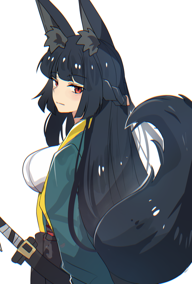 1girl animal_ears black_hair black_skirt blunt_bangs closed_mouth dress_shirt fox_ears fox_girl fox_tail green_jacket high-waist_skirt hinghoi hoshimi_miyabi jacket light_blush long_hair looking_at_viewer red_eyes shirt sidelocks skirt smile solo tail upper_body white_shirt zenless_zone_zero